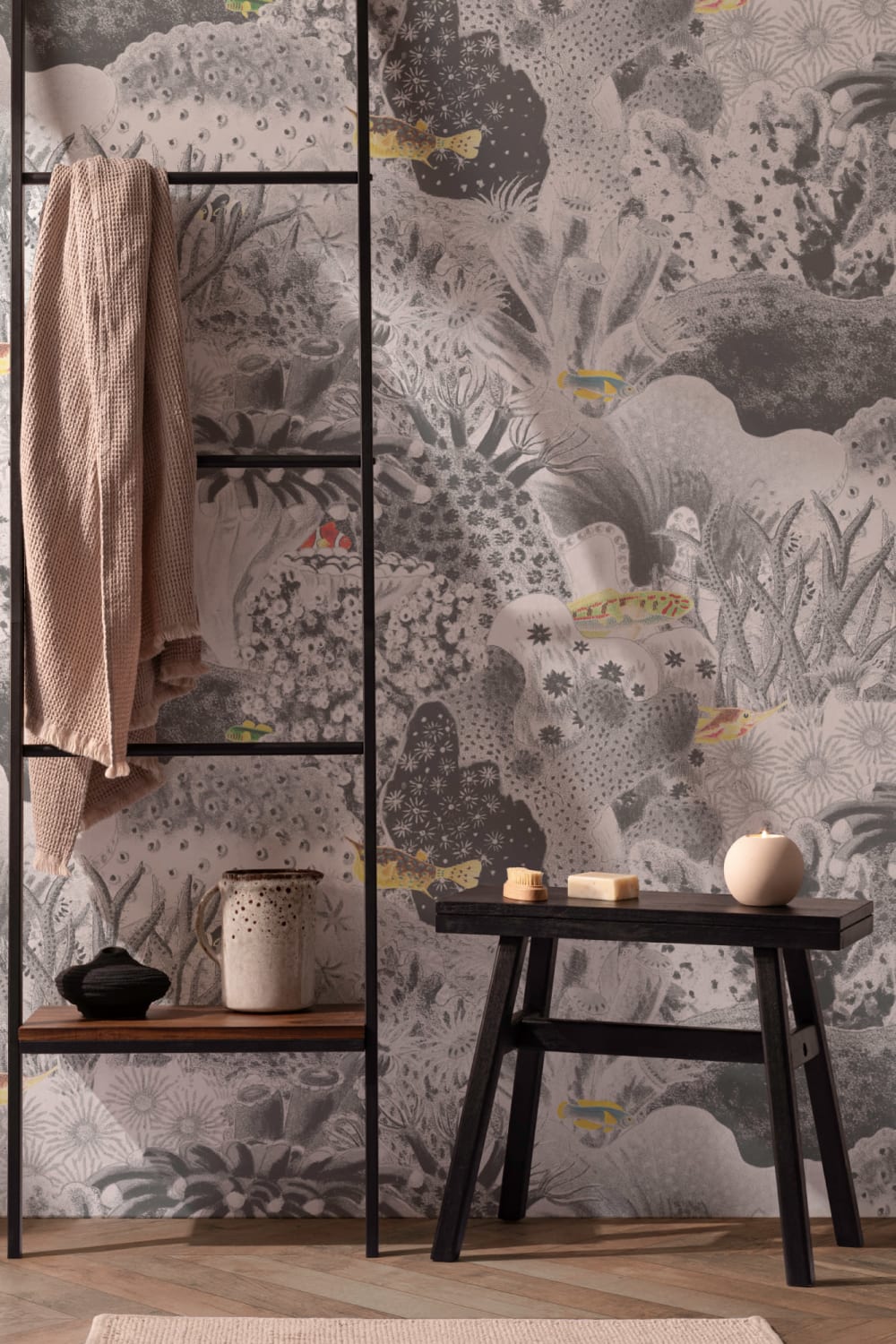 Gray Vintage Illustrations Marine Plants Mural