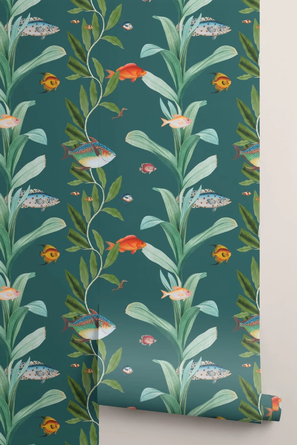 Teal Fish & Seaweed Coastal Wallpaper