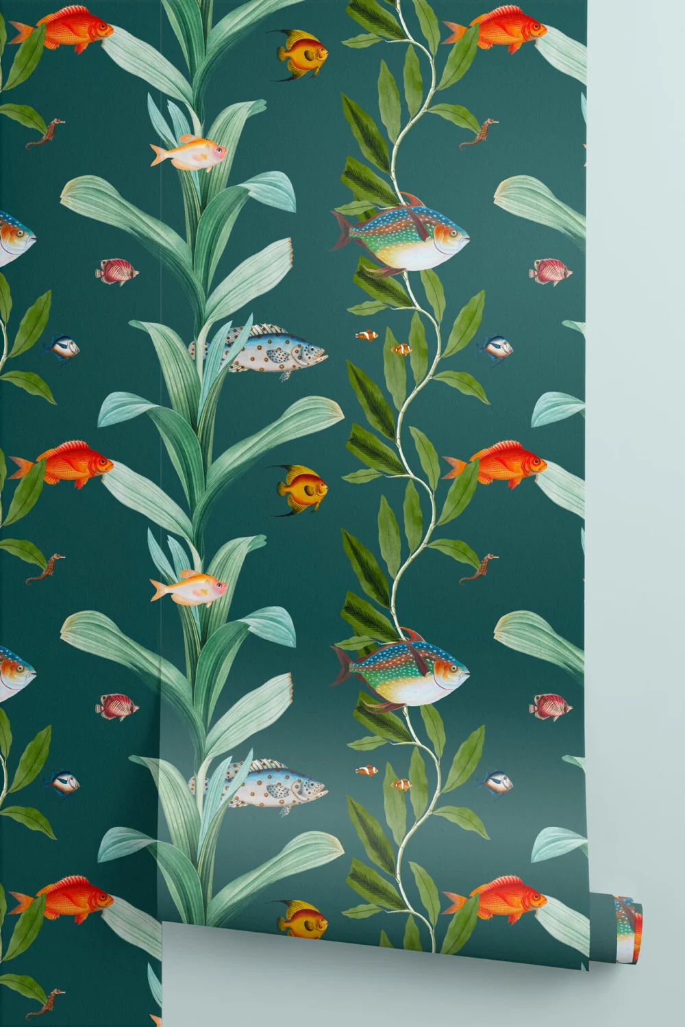 Teal Fish & Seaweed Coastal Wallpaper