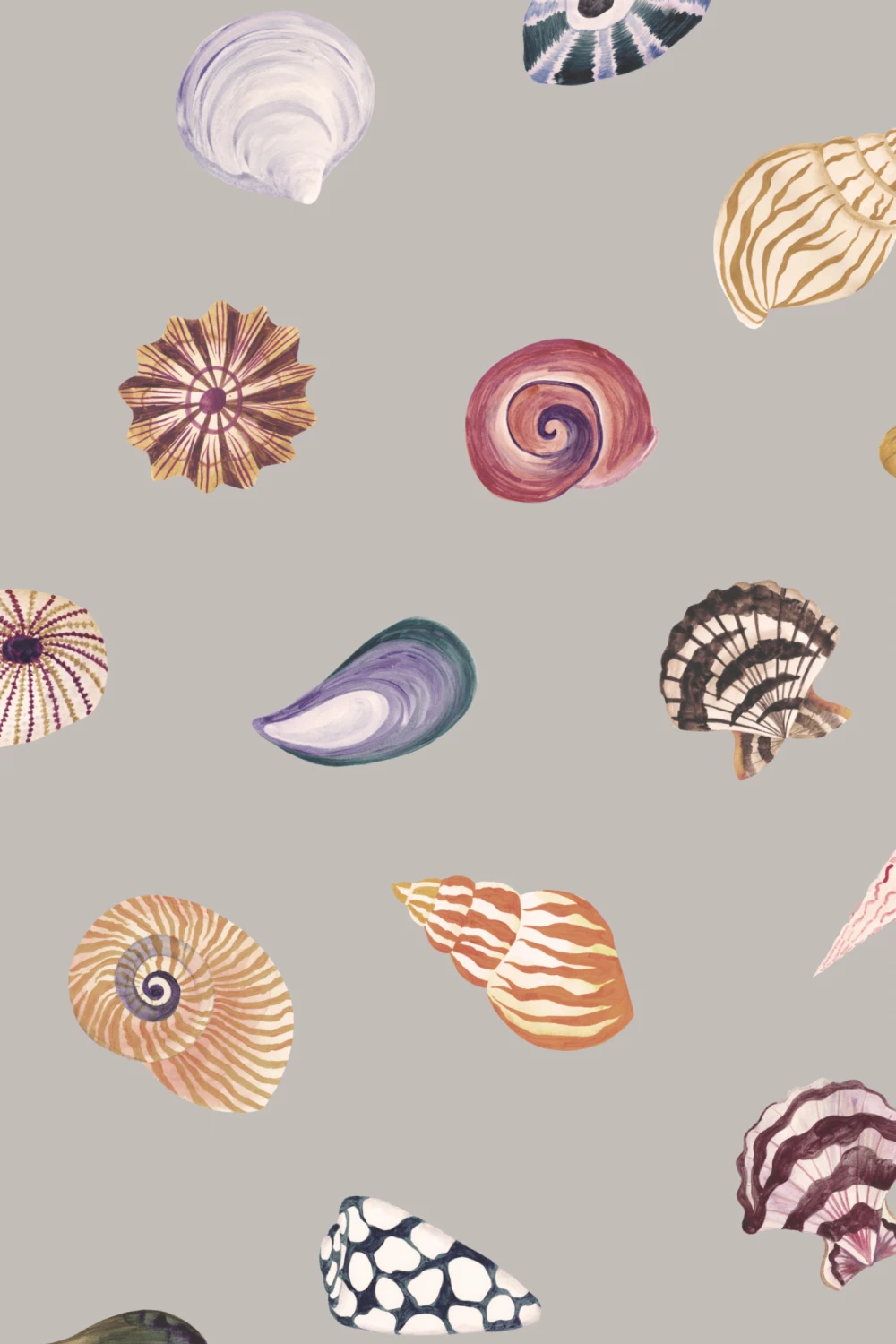 Murales de papel pintado modernos de estilo costero con estampado de conchas grises