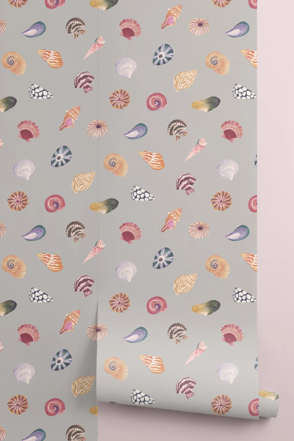 Murales de papel pintado modernos de estilo costero con estampado de conchas grises