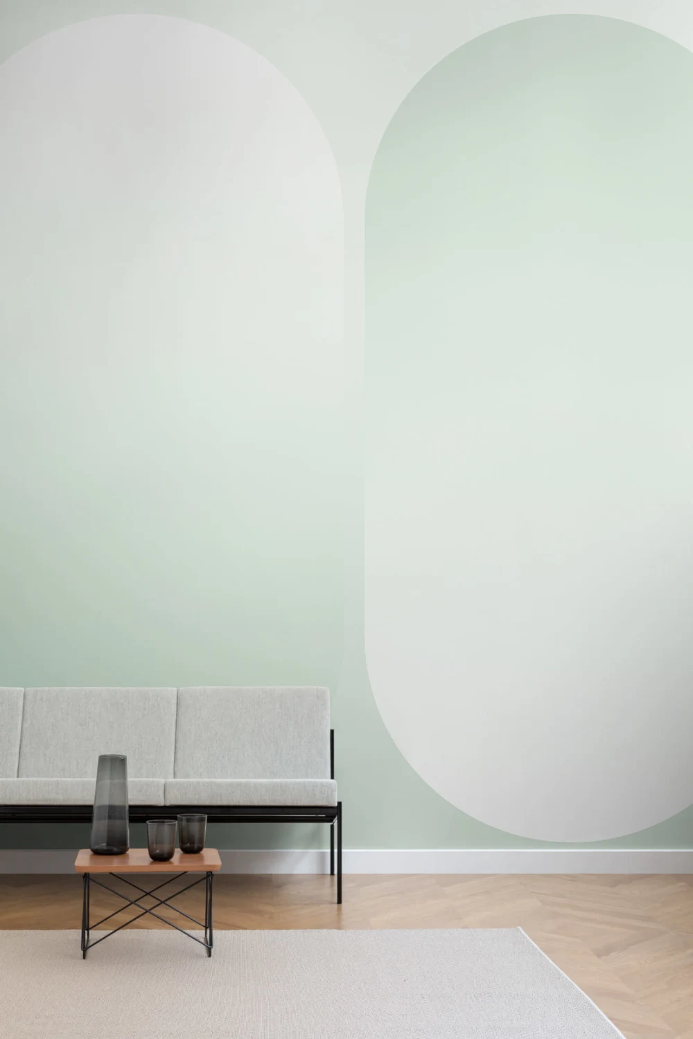 Mural Geométrico Futurista en Verde y Crema Degradado