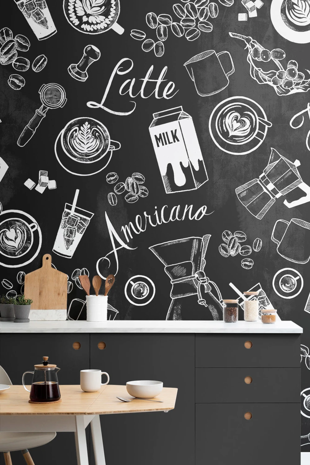 Mural con Motivos de Tazas de Café en Blanco y Negro