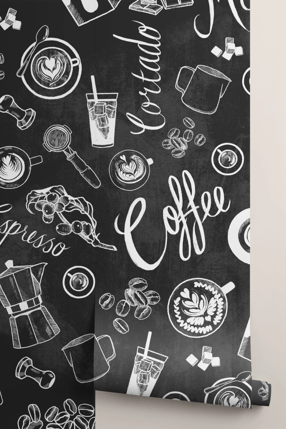 Mural con Motivos de Tazas de Café en Blanco y Negro