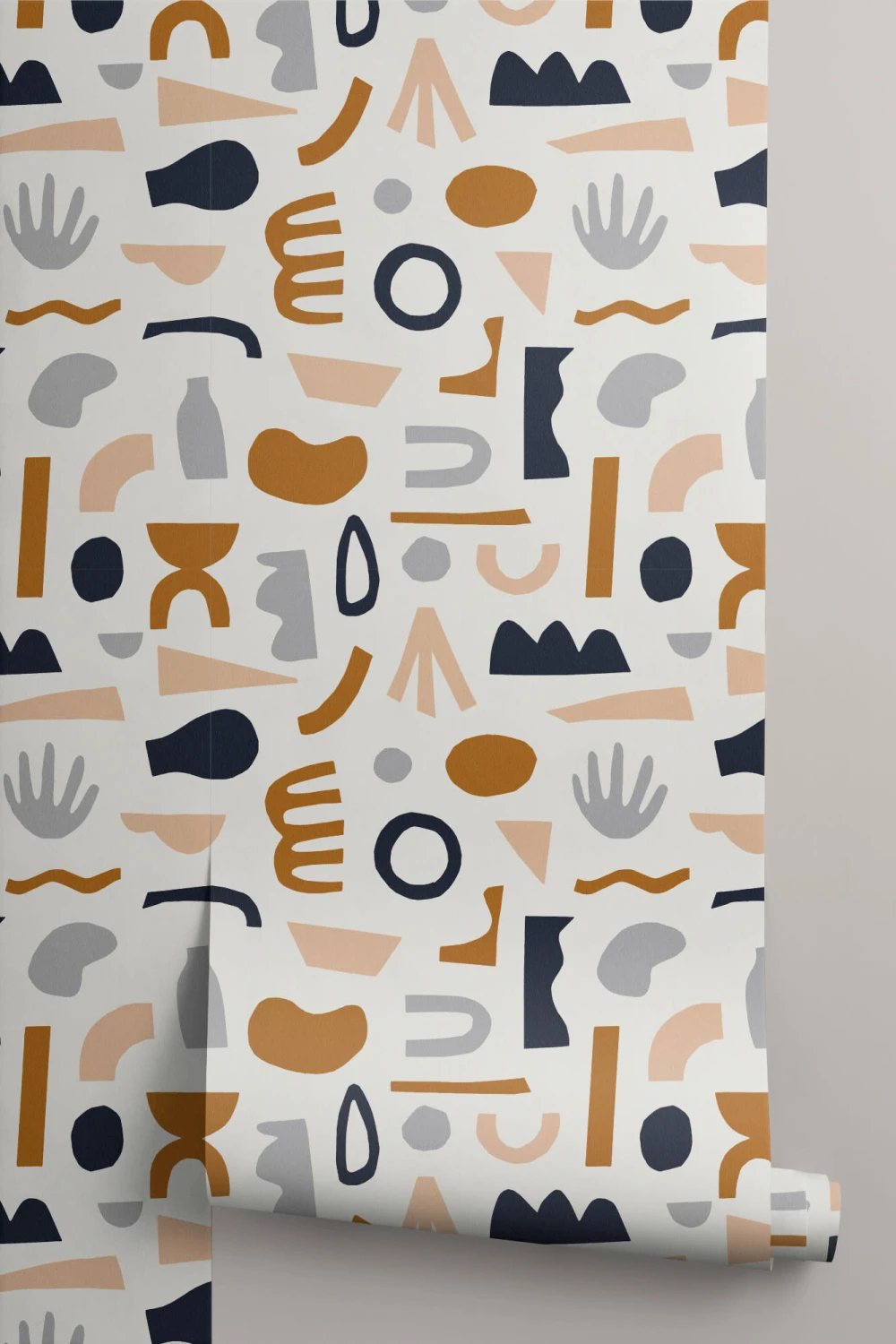 Papel de parede com padrão de repetição de formas abstractas marinho e neutro