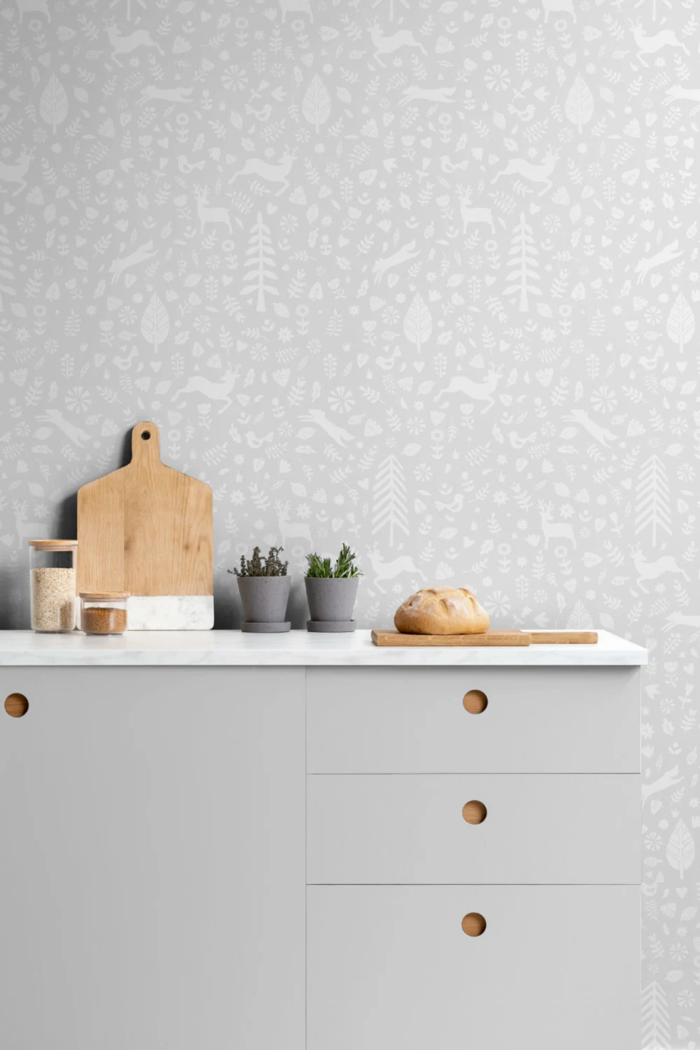 Gray Festive Pattern Scandinavian Folk Art Repeat Pattern Wallpaper