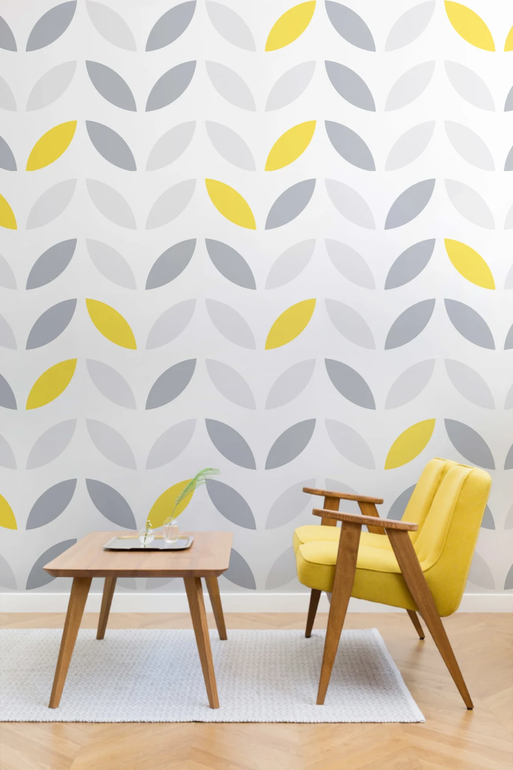 Mural de papel de parede com padrão de flores abstrato amarelo e cinzento