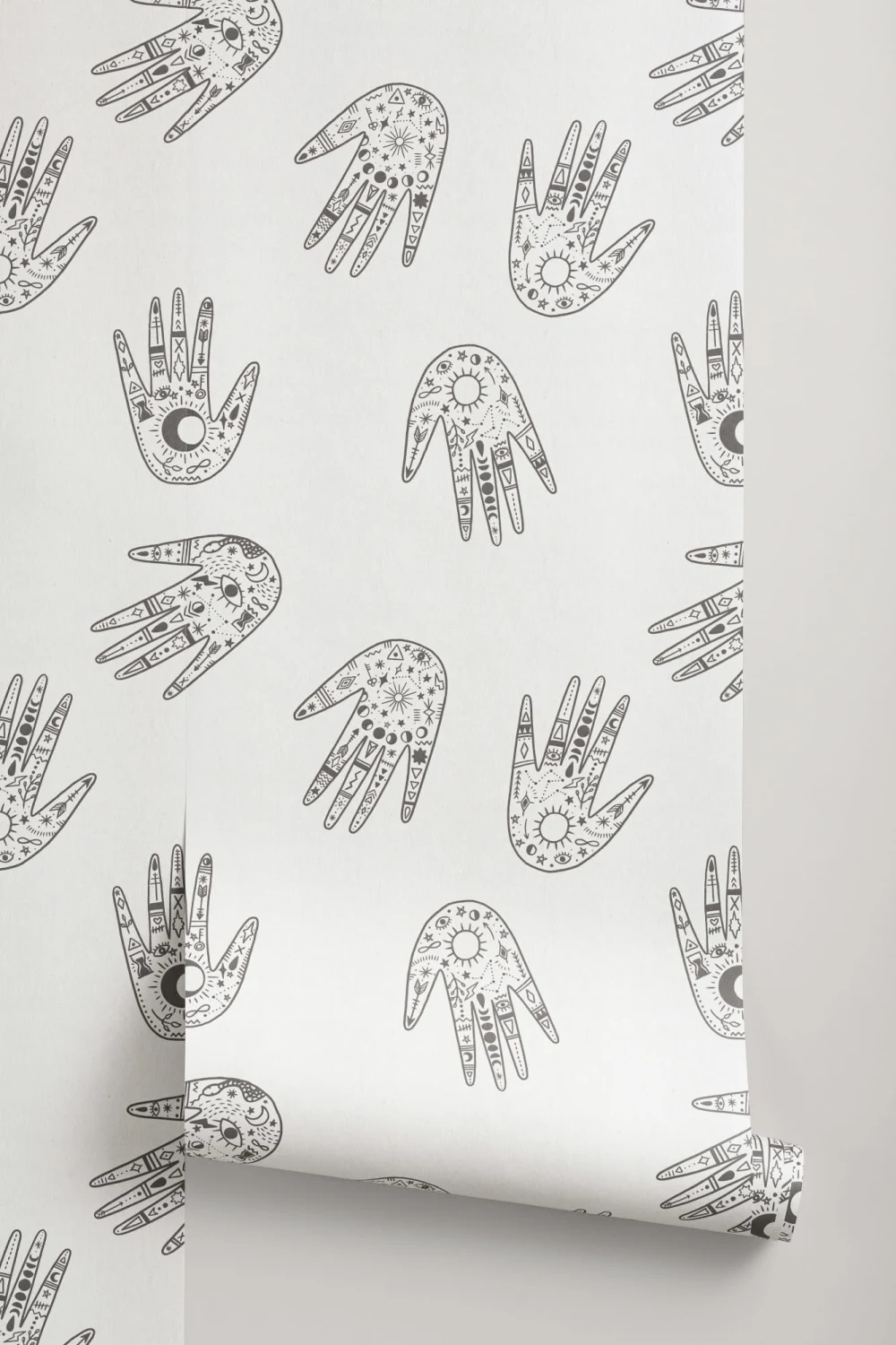 Black & White Cosmic Symbols Hands Repeat Pattern Wallpaper