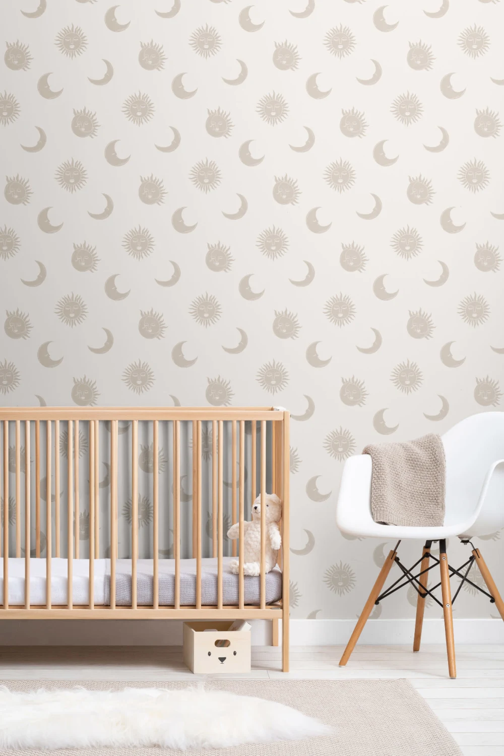 Carta da Parati Beige e Bianca Illustrata con Motivo di Sole e Luna