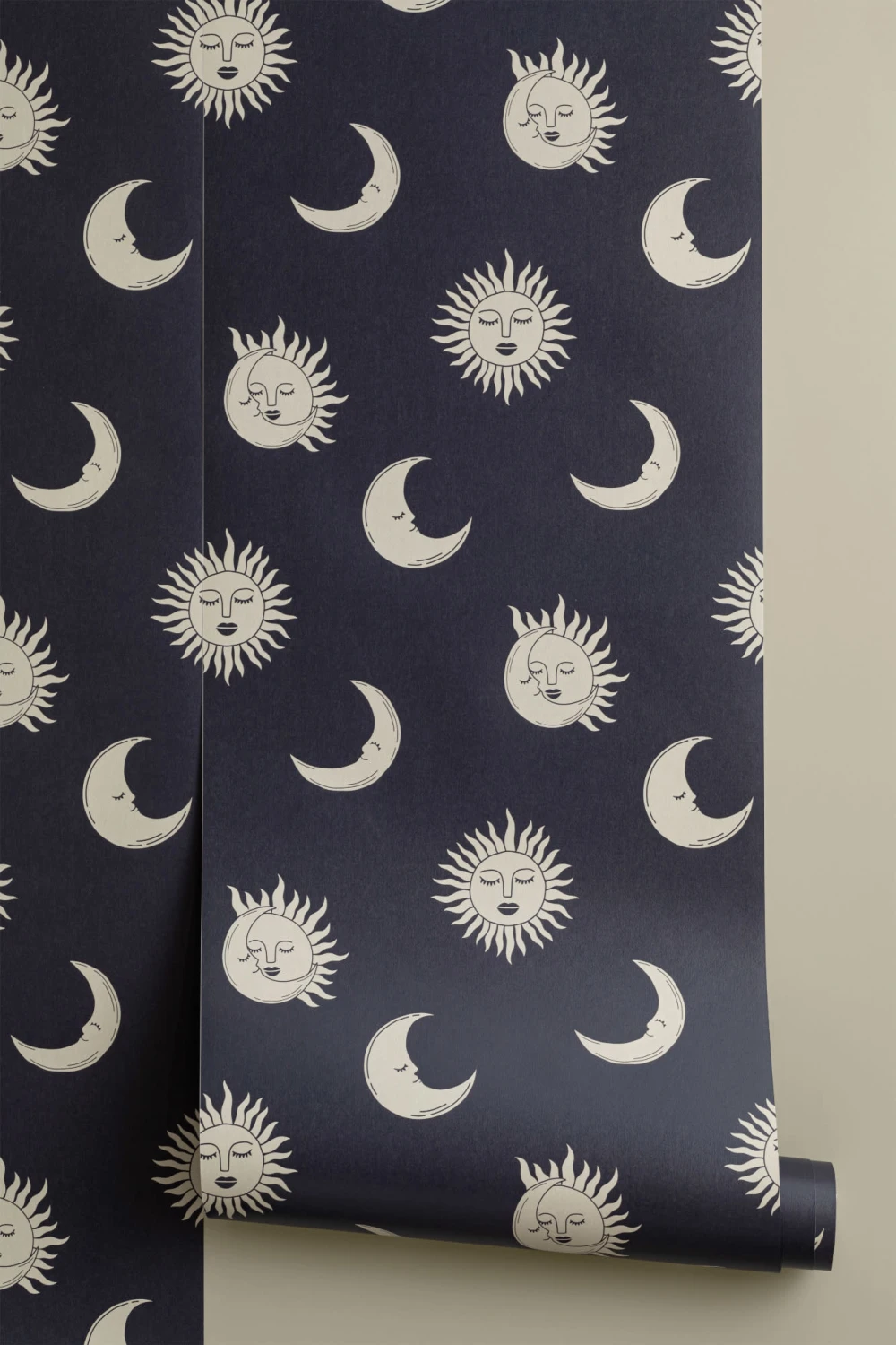 Sun and Moon Navy Blue Boho Repeat Pattern Wallpaper