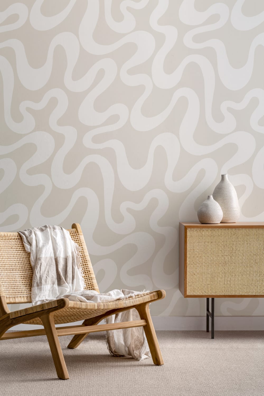 Neutral Groovy Wiggly Lines Repeat Pattern Wallpaper
