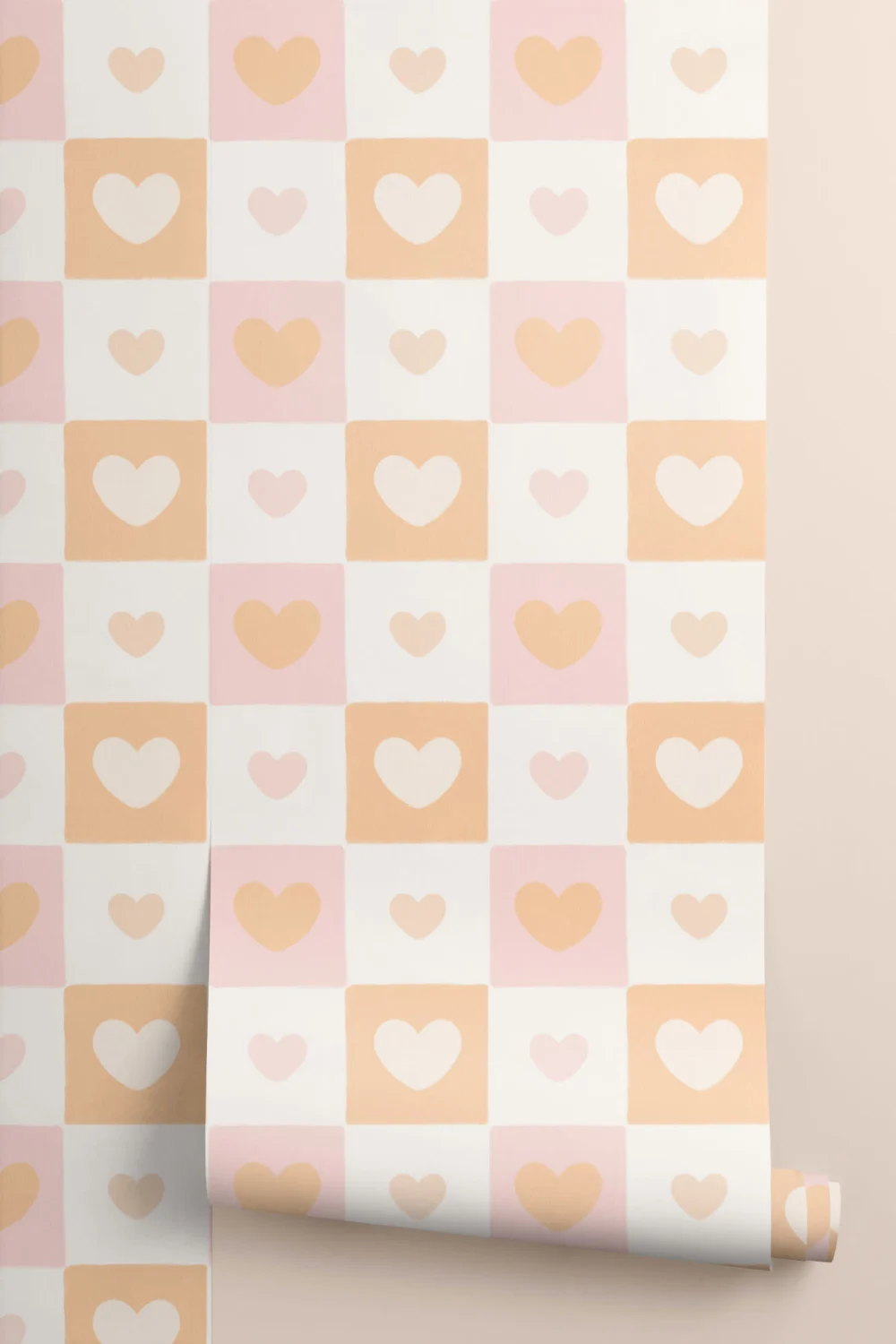 Papier peint cœurs sur carreaux oranges