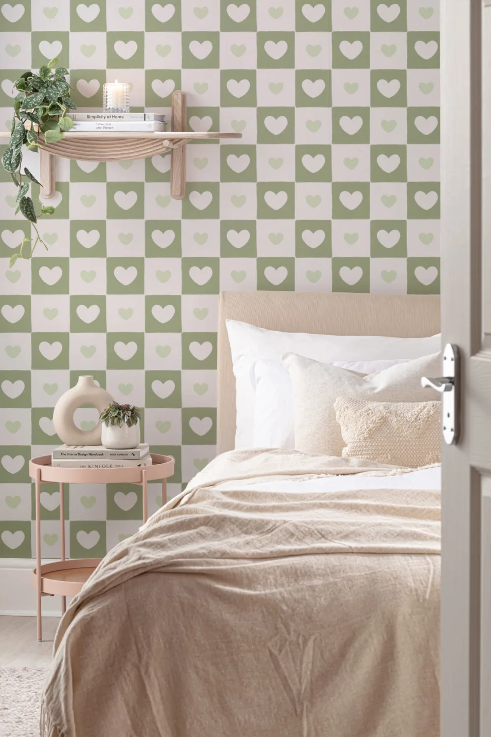 Green Check & Heart Print Wallpaper