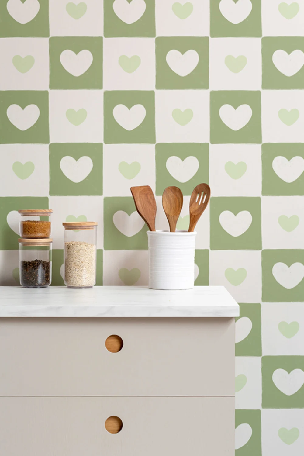 Green Check & Heart Print Wallpaper