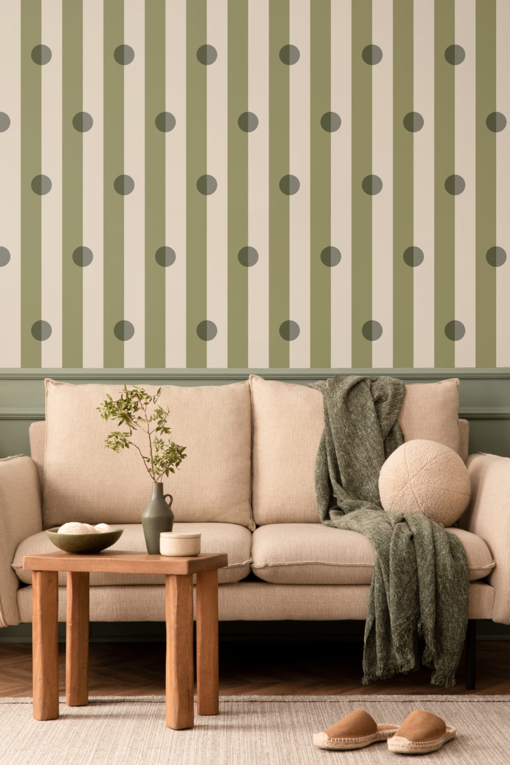 Green Polka Dot Striped Pattern Mural With Retro Vibe