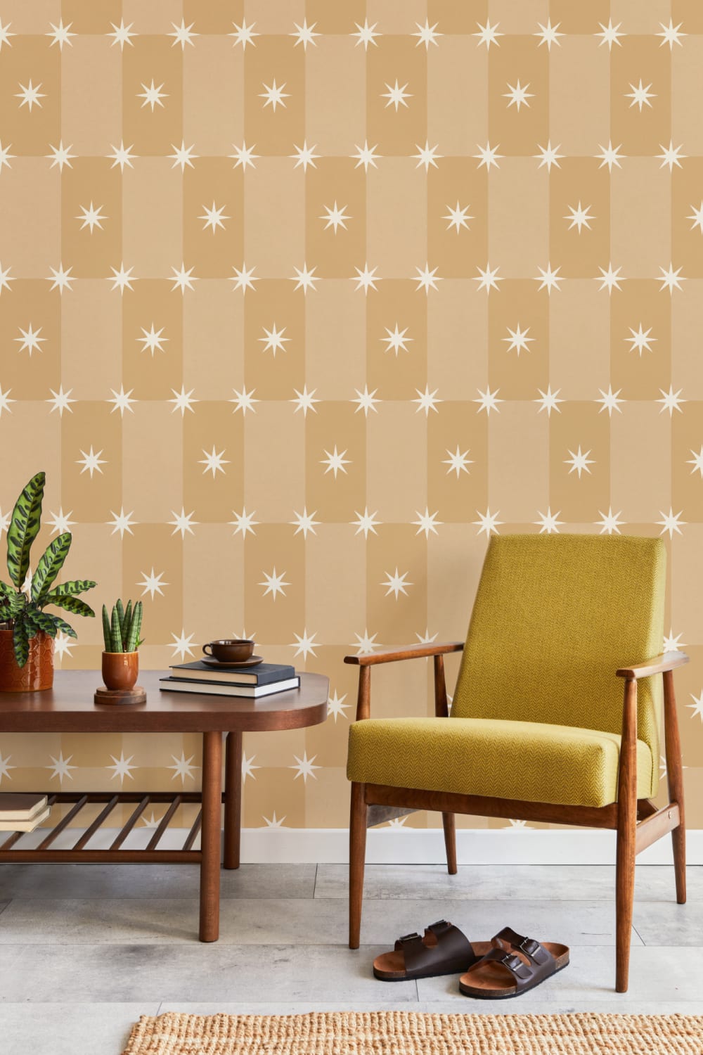 Yellow Geometric Starburst Pattern Mural For Playful Spaces
