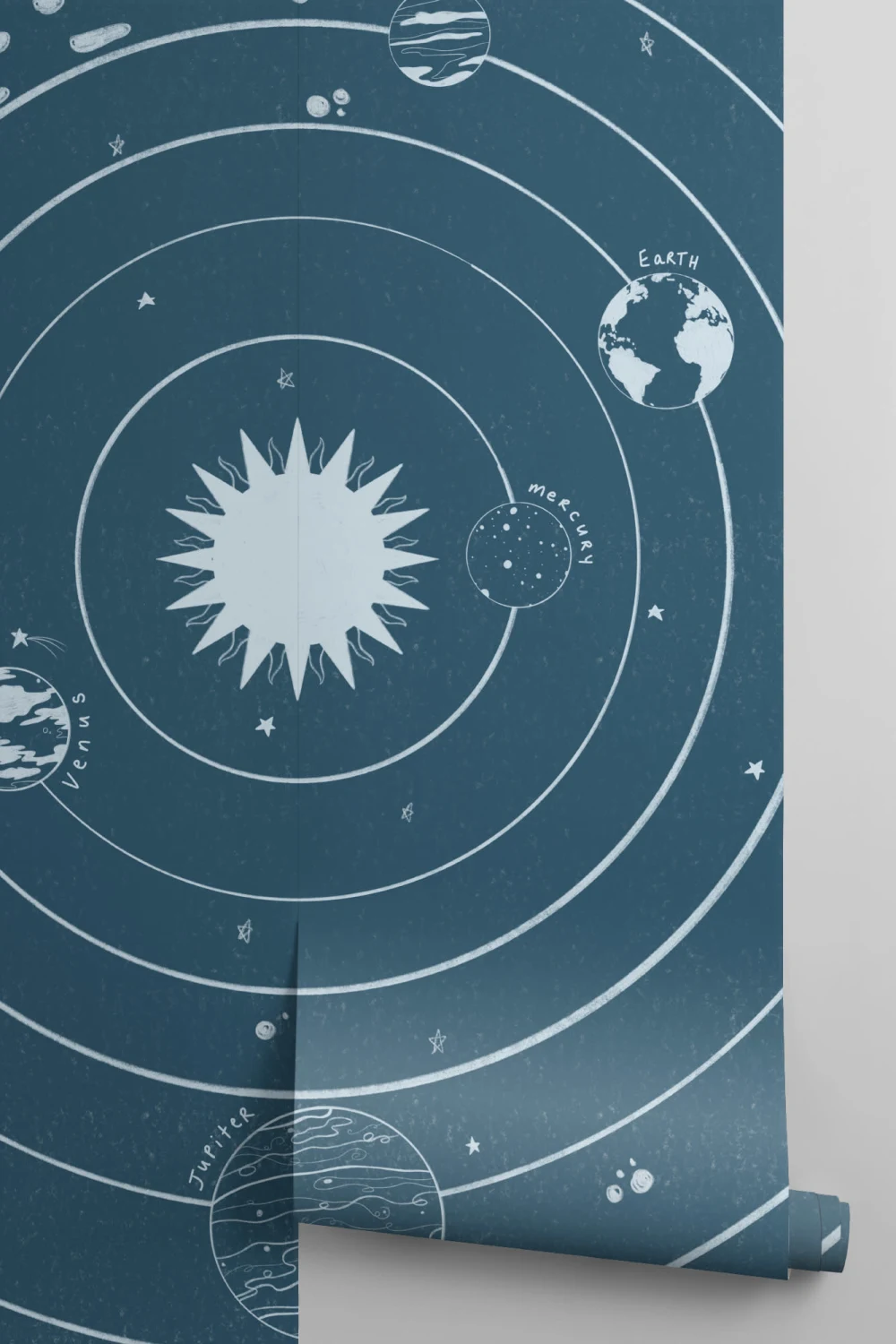 Blauwe Sterren & Planeten Zonnestelsel Behang Muurschildering