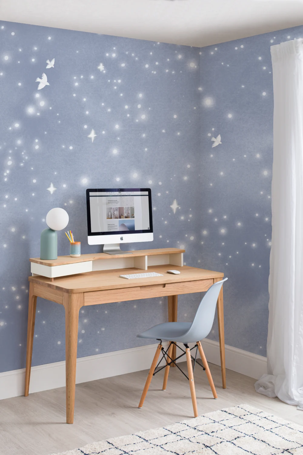 Blaue Aquarell-Galaxie- und Tauben Fototapete