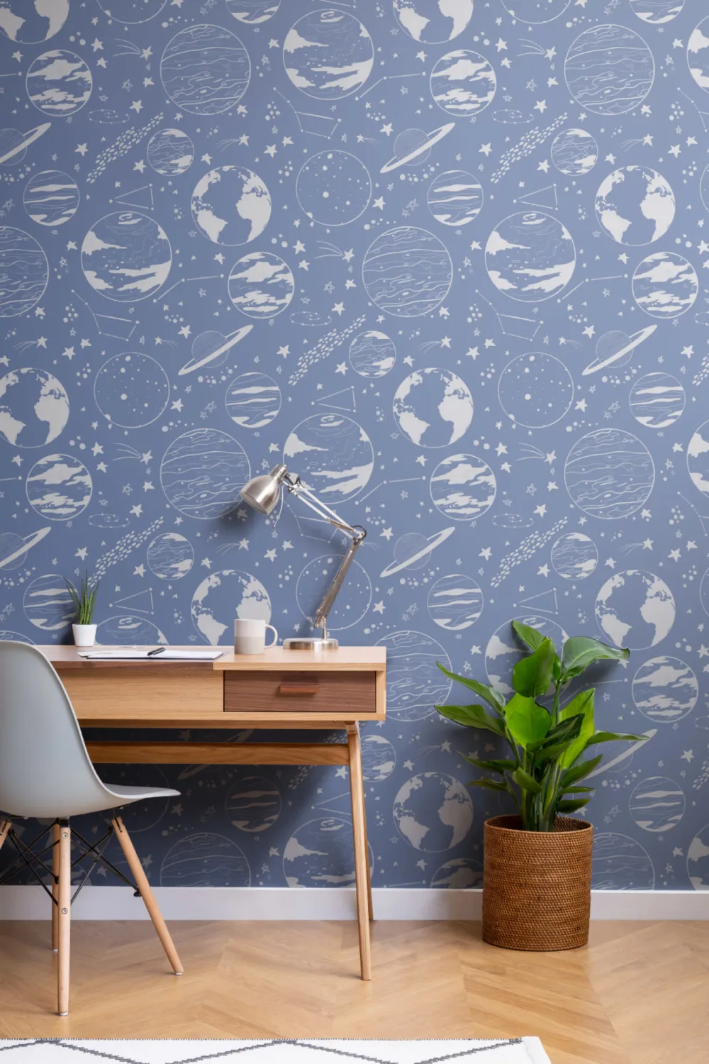 Mural de Papel de Parede com Padrão Ilustrado de Planetas e Estrelas Azuis