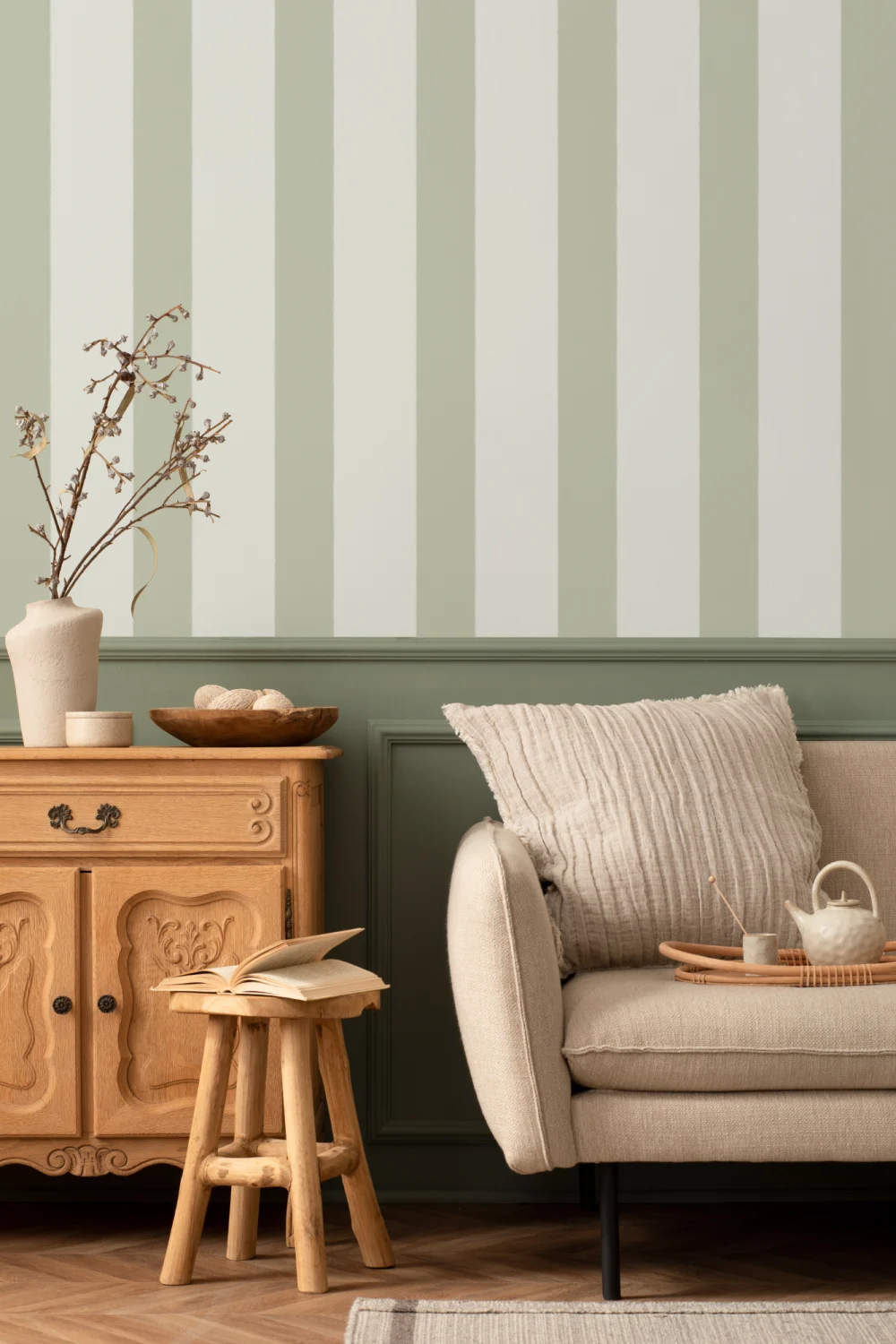 Mint Green & Cream Striped Wallpaper Mural