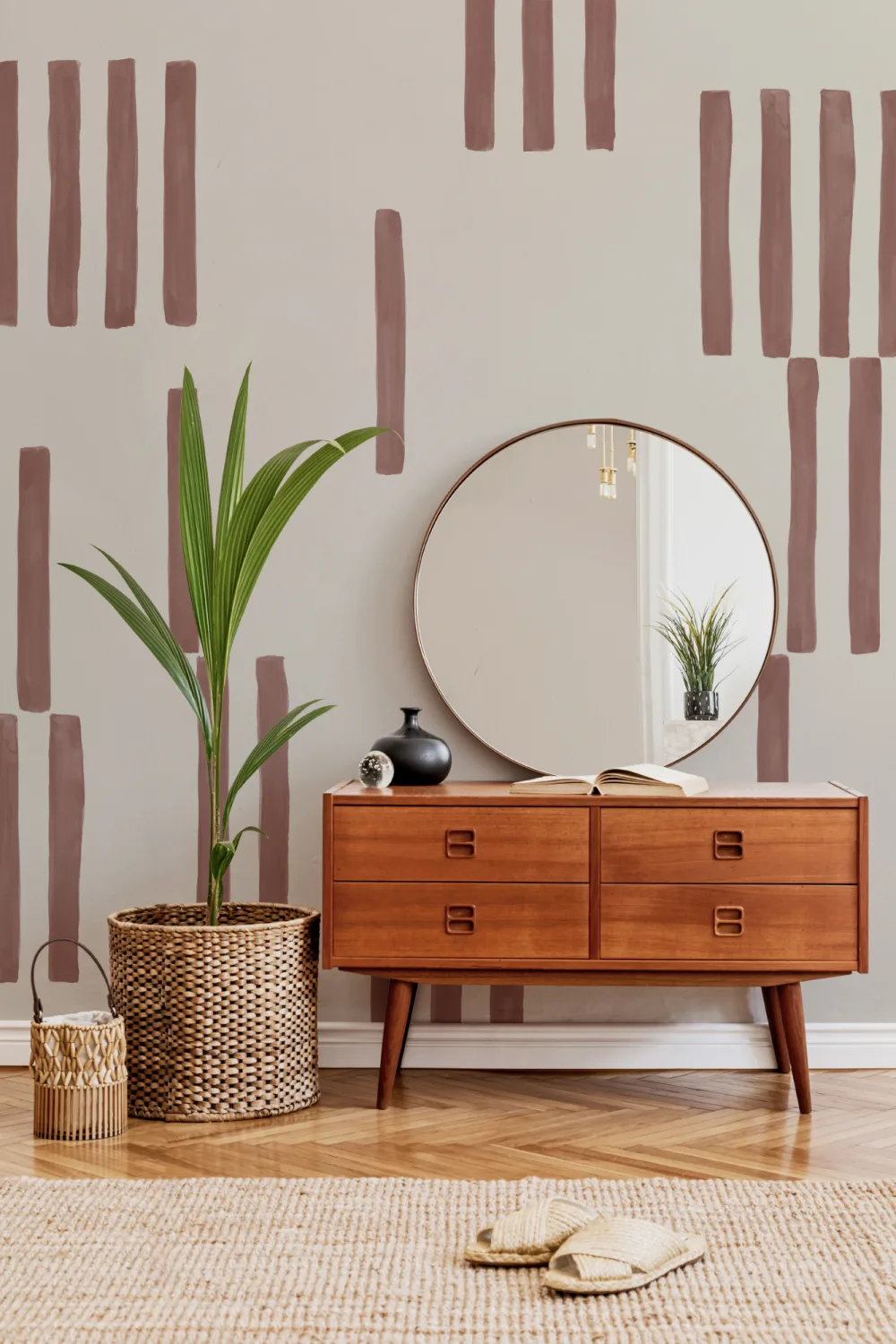 Hand Painted Line Geometric Mural in Terracotta