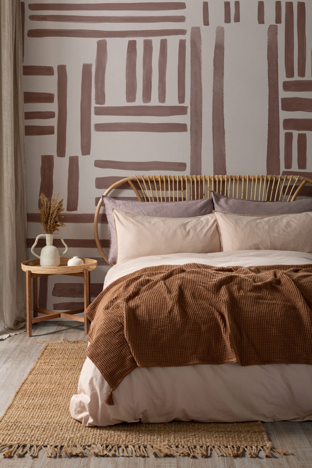 Hand-Painted Geometric Grid Stripe Mural in Terracotta