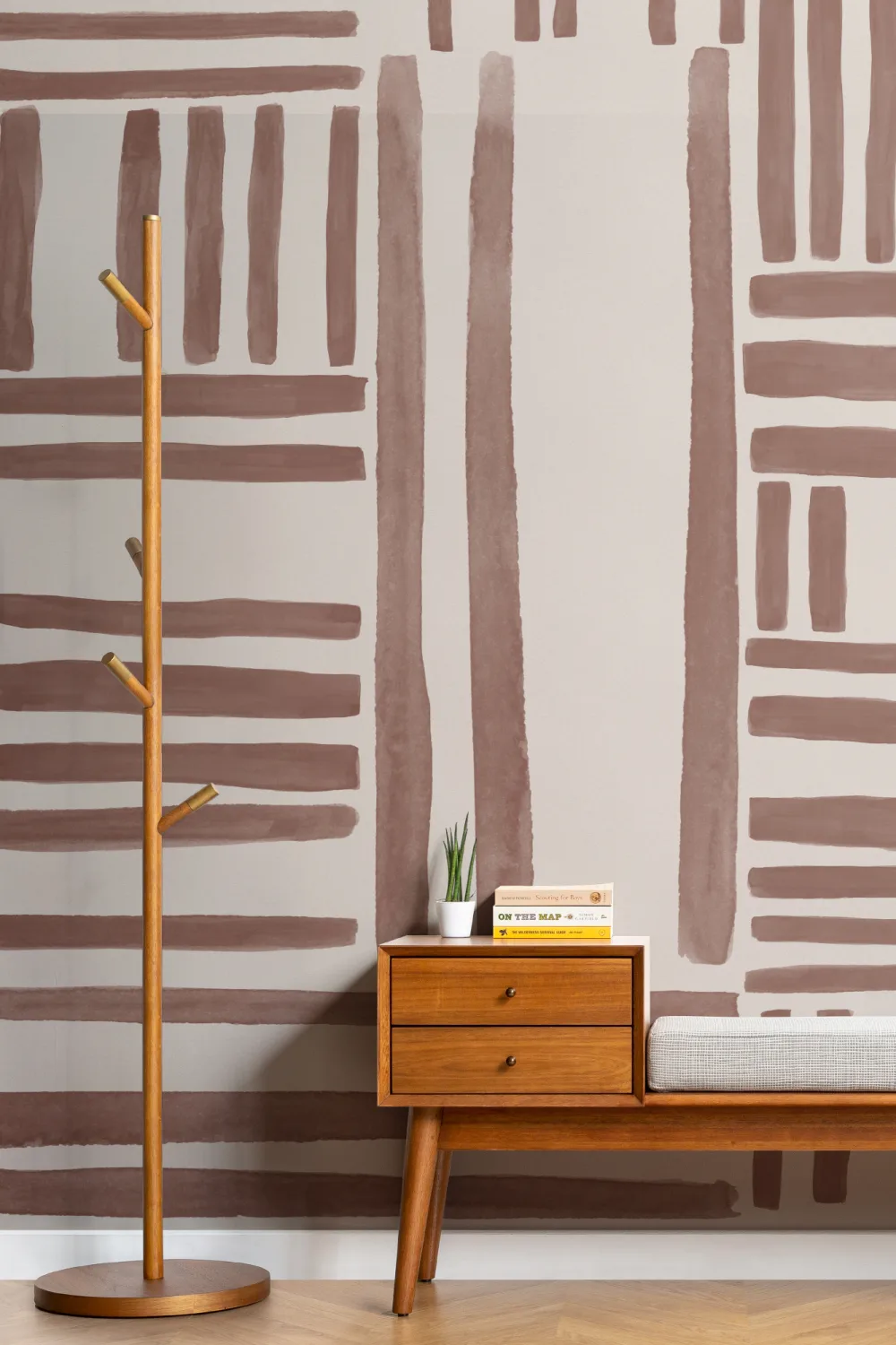 Hand-Painted Geometric Grid Stripe Mural in Terracotta