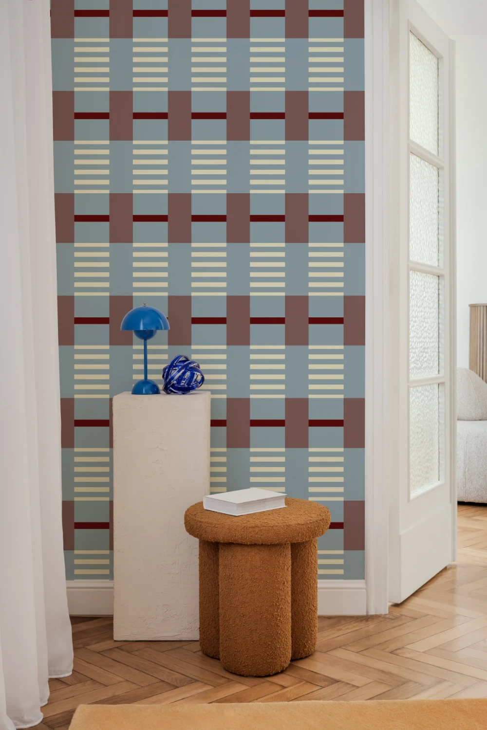 Blue Burgundy Checkered Pattern Contemporary Geometric Mural