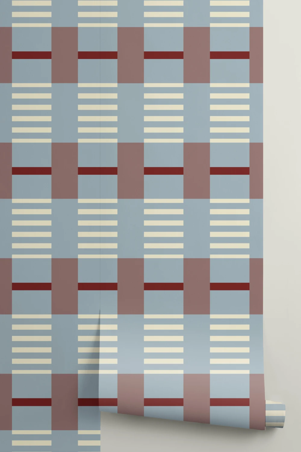Blue Burgundy Checkered Pattern Contemporary Geometric Mural