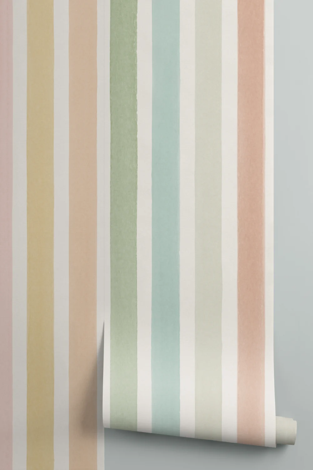 Mural de papel de parede multicolorido com padrão infantil às riscas pastel