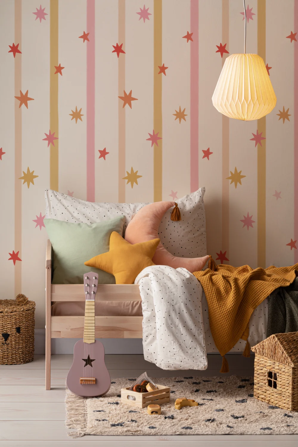 Pink Striped Star Pattern Kids Room Mural