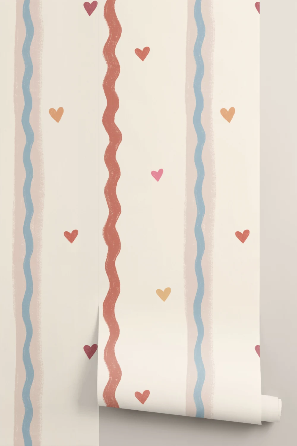 Delicioso mural infantil de rayas con patrón de corazones rosas