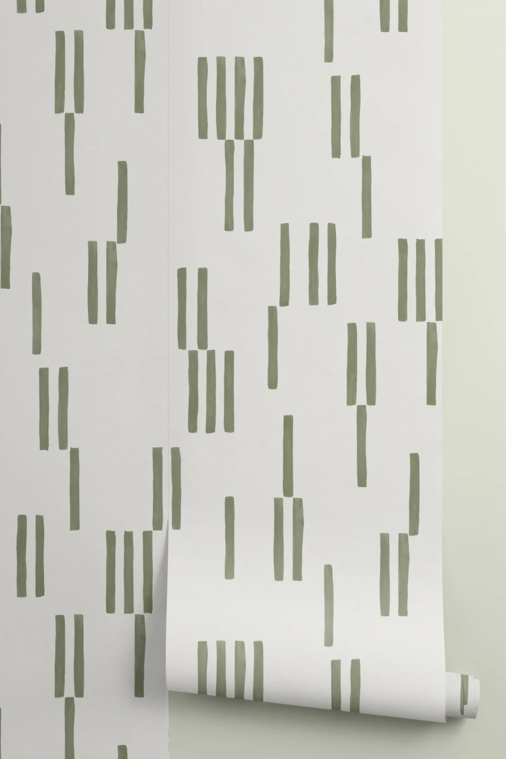 Papel pintado geométrico de líneas verticales pintado a mano en musgo