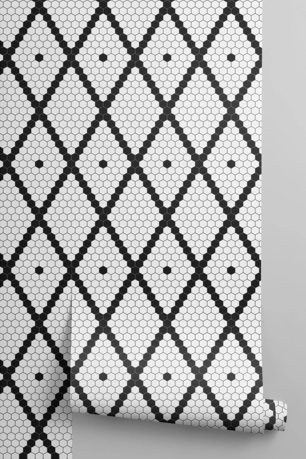 Papel Pintado Efecto Azulejo a Rombos Blancos y Negros