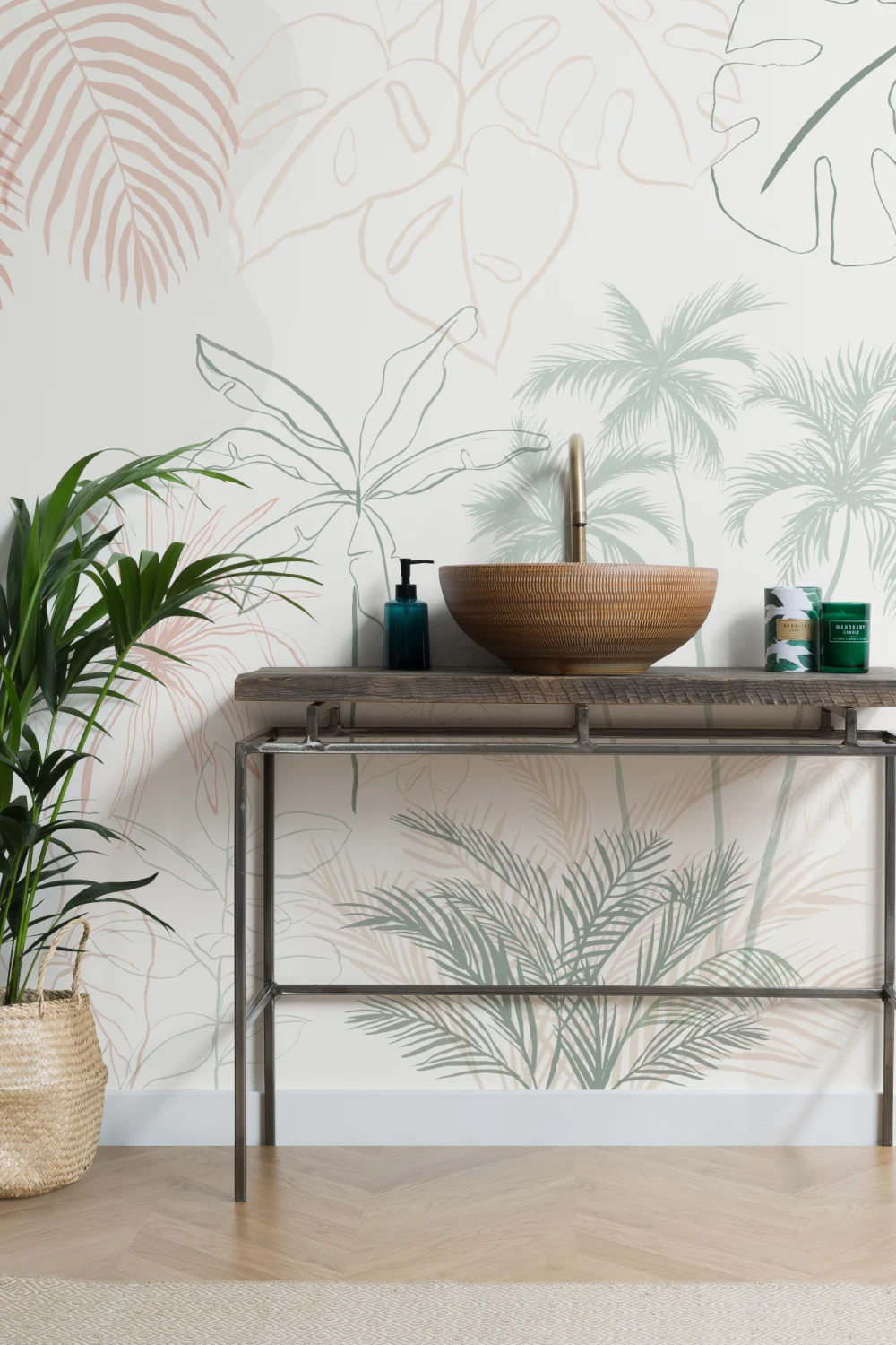 Minimalist roz și verde Inky Tropical Wallpaper Mural