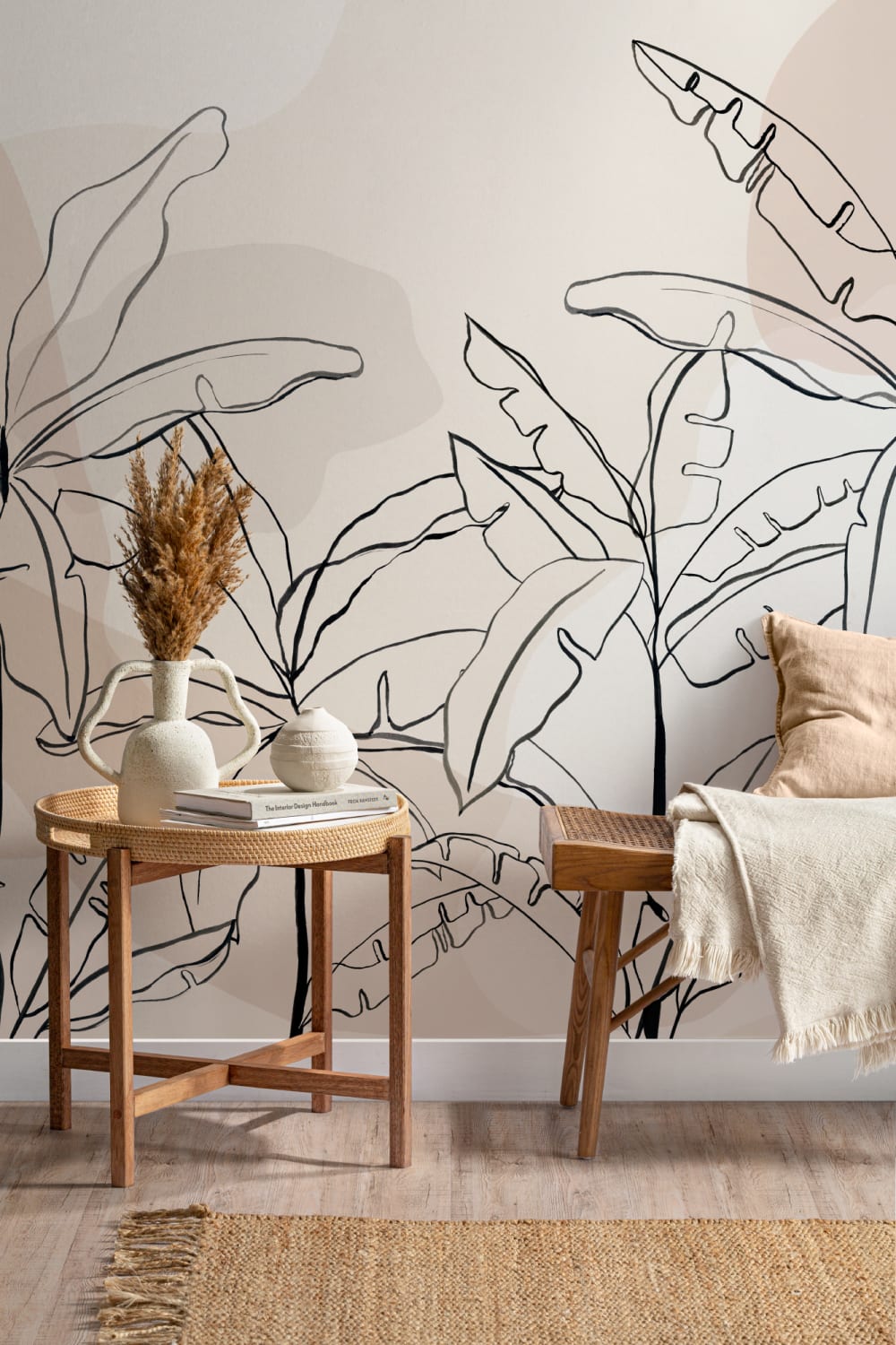 Papier Peint Panoramique Feuille de Bananier en Crème et Noir et Effet d’Encre
