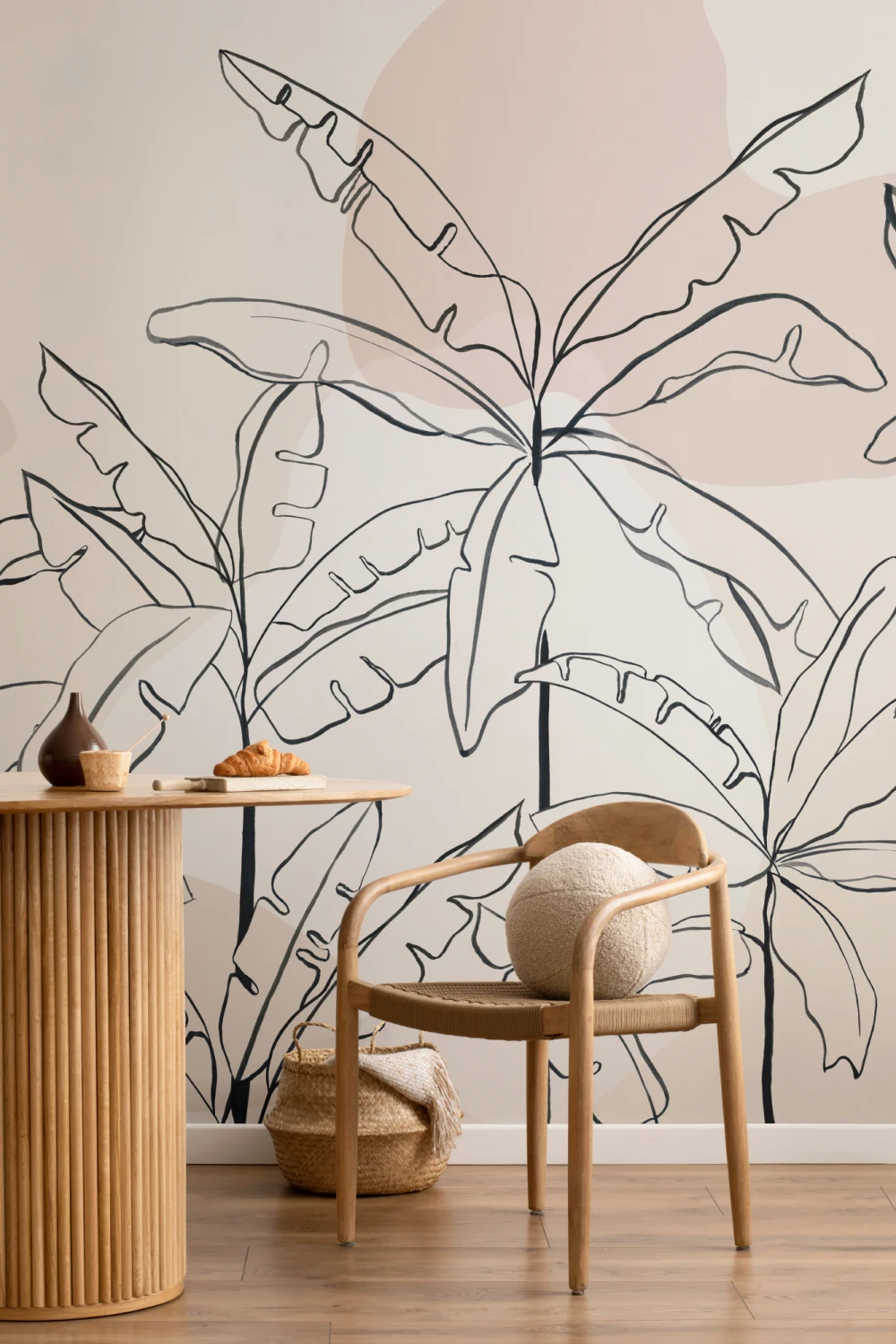 Papier Peint Panoramique Feuille de Bananier en Crème et Noir et Effet d’Encre