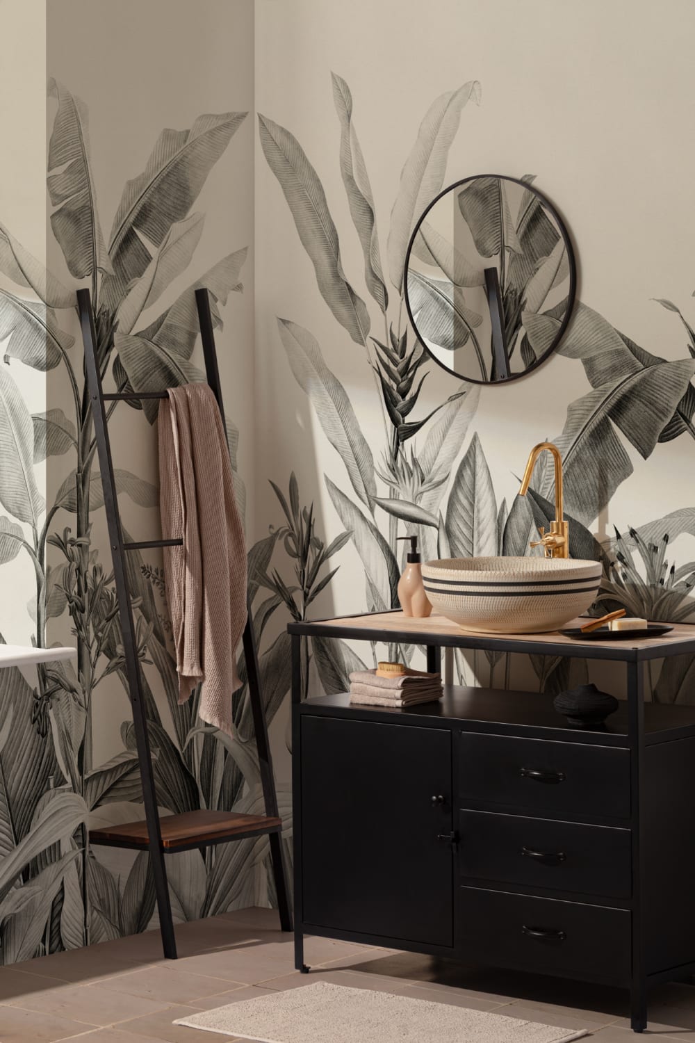 Grayscale Vintage Tropical Plants Wallpaper Mural