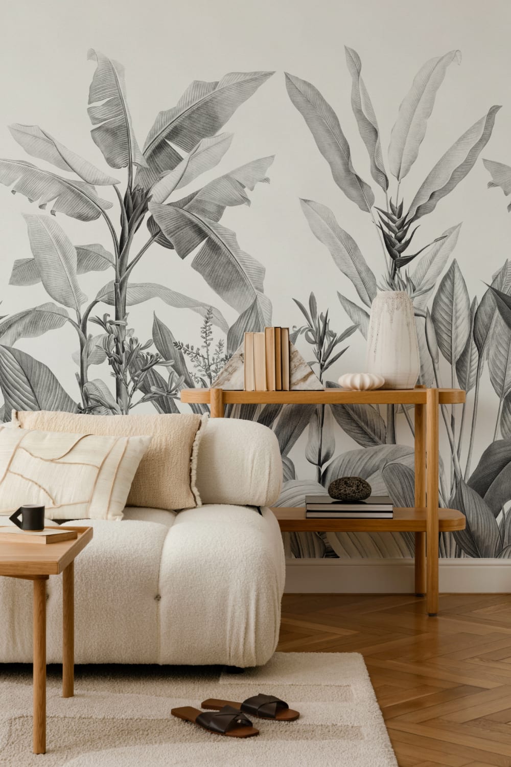 Grayscale Vintage Tropical Plants Wallpaper Mural