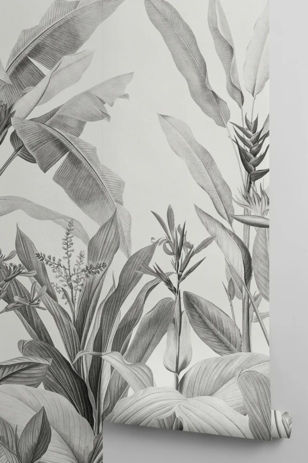 Grayscale Vintage Tropical Plants Wallpaper Mural