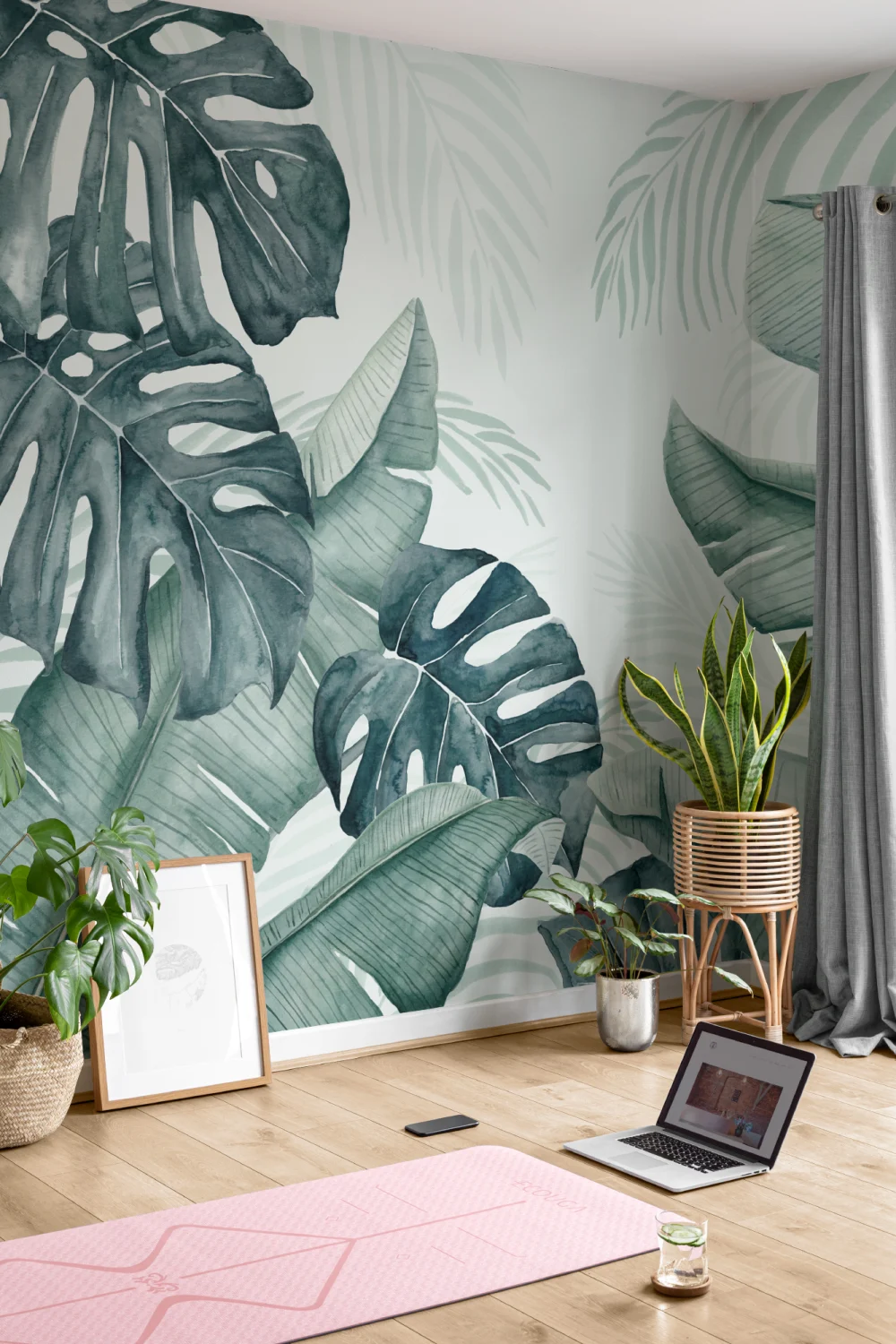 Mural de papel de parede de folhas tropicais em aguarela verde e azul