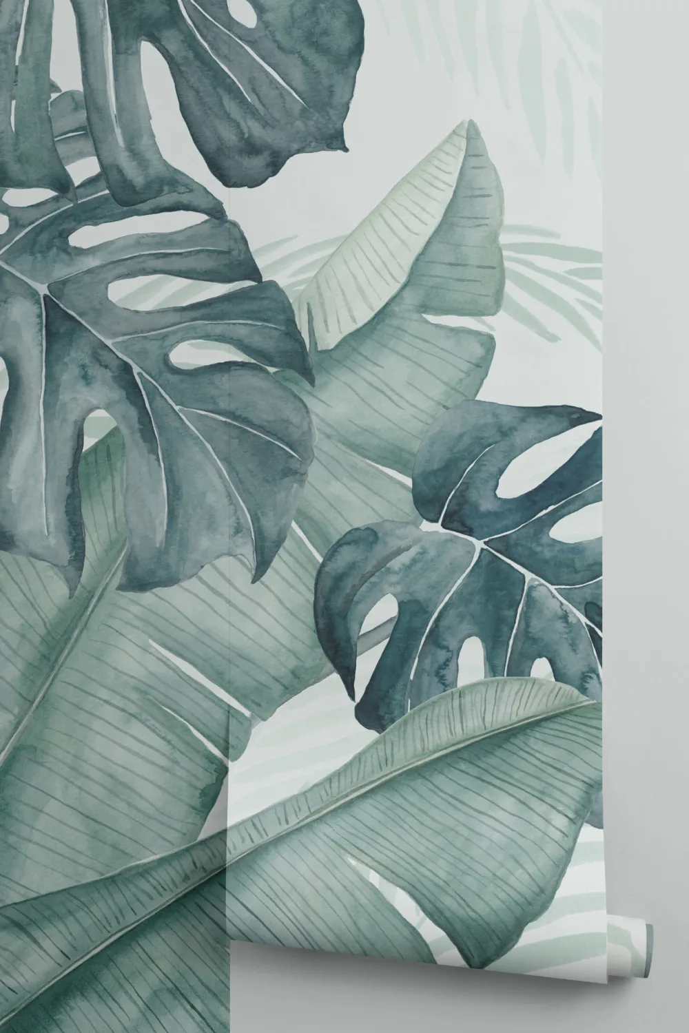 Mural de papel de parede de folhas tropicais em aguarela verde e azul