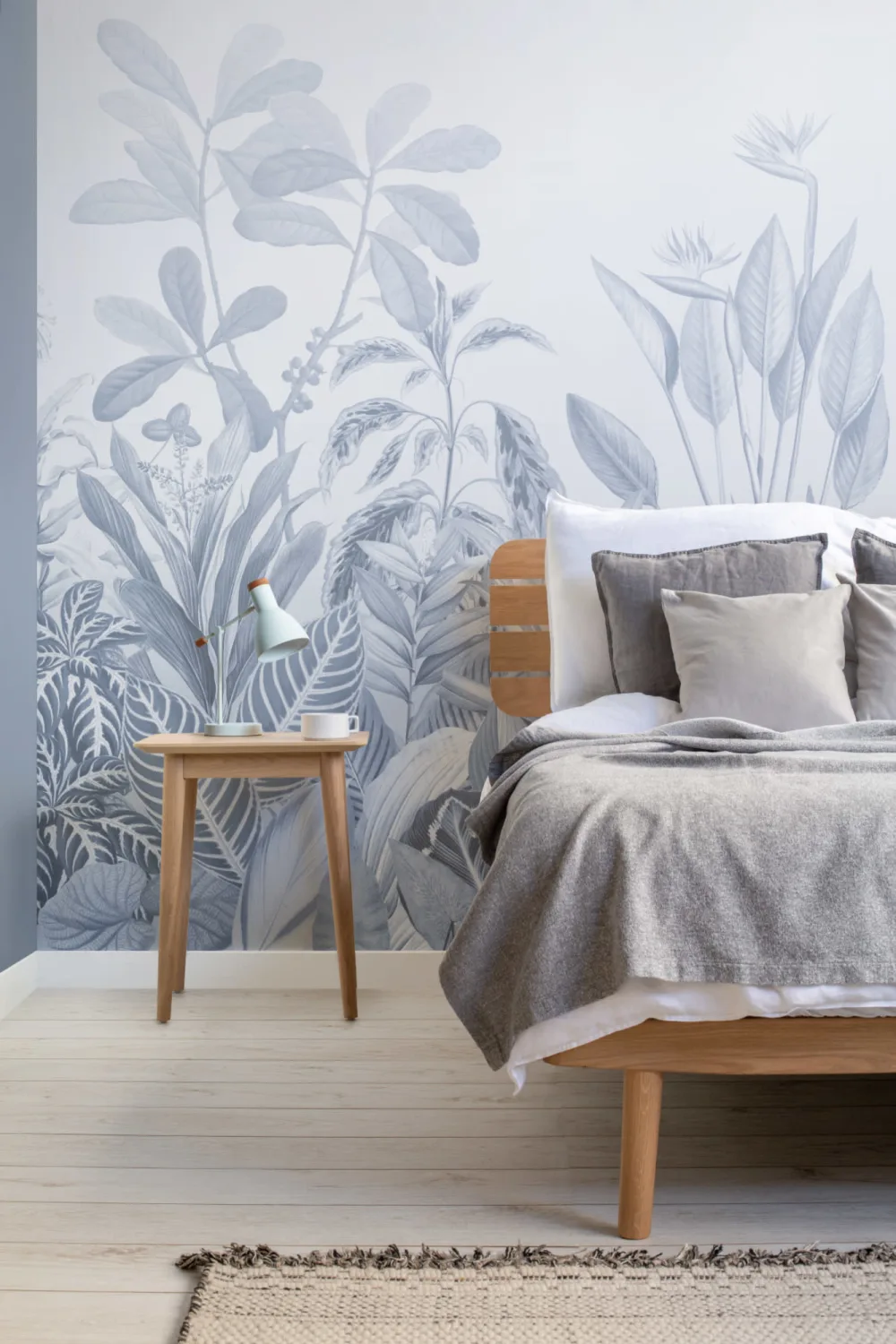 Mural Papel Pintado Azul Efecto Degradado con Plantas Tropicales