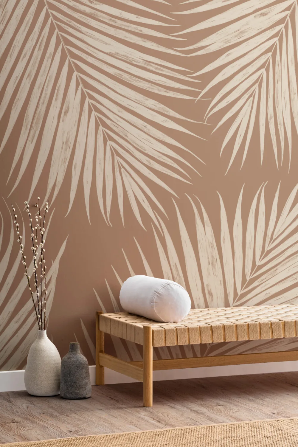 Neutral Terracotta Illustrated Tropical Palm Leaf Wallpaper Mural