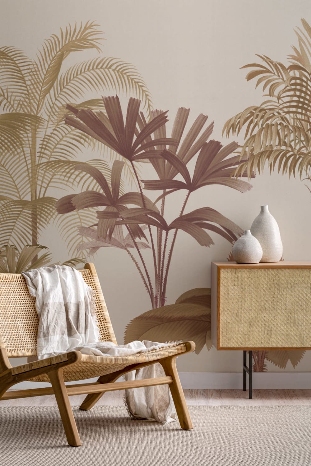 Lämmin Neutrals trooppinen Palm Tree kuvatapetti