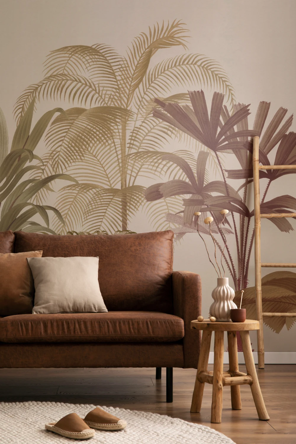 Lämmin Neutrals trooppinen Palm Tree kuvatapetti