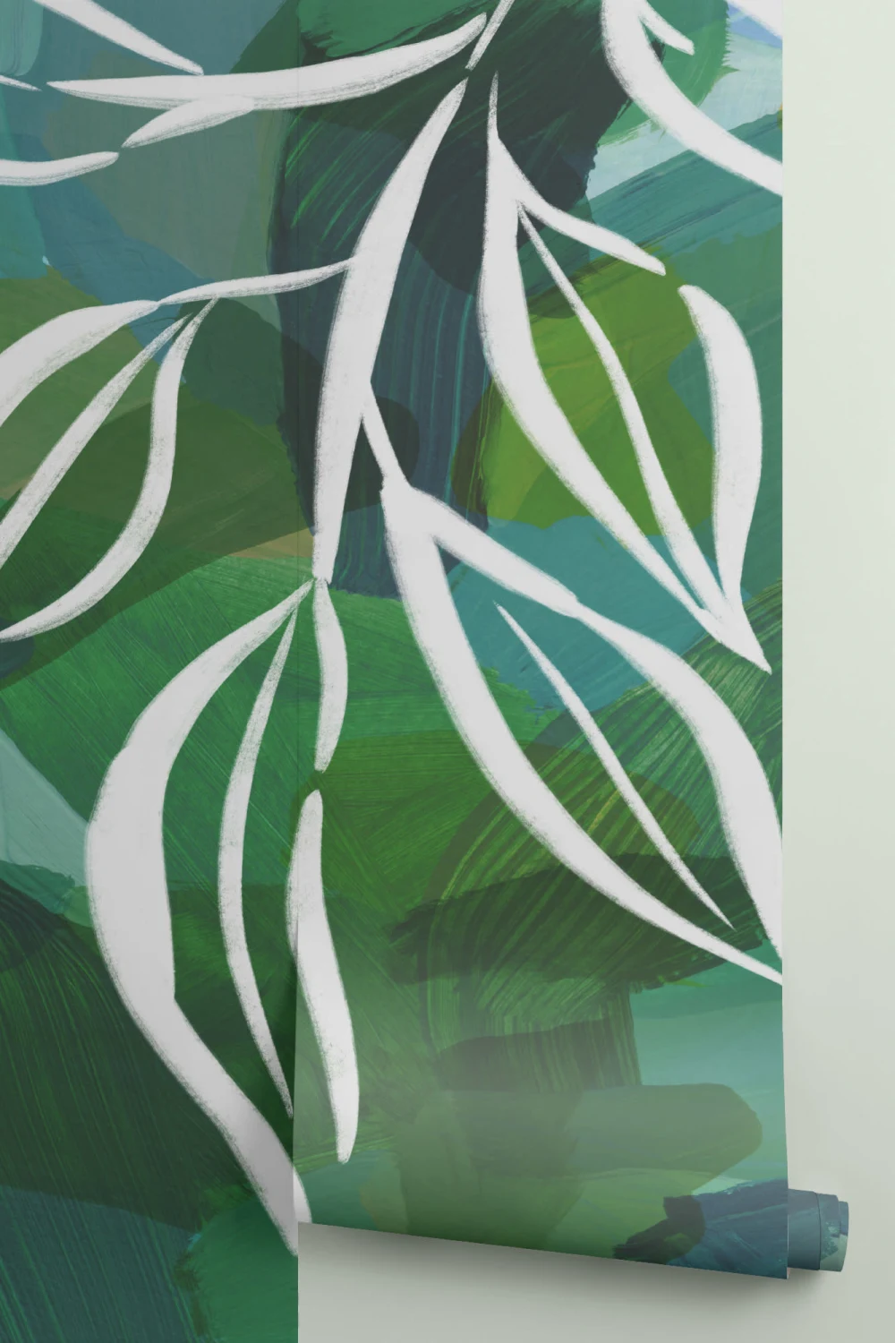 Mural botánico abstracto en azul y verde