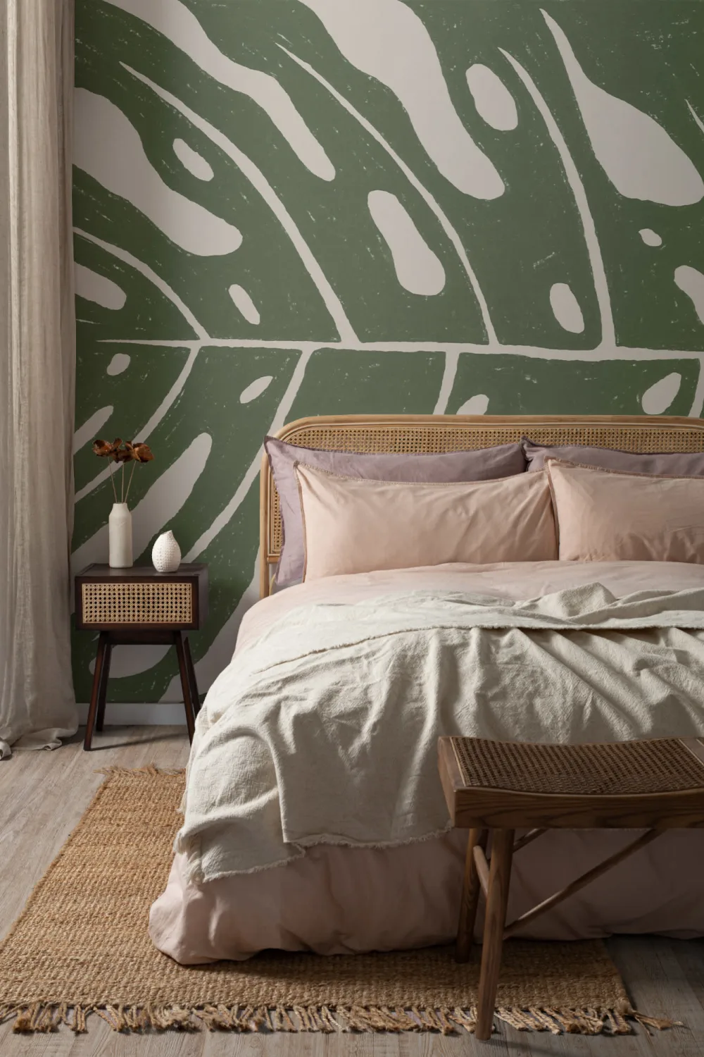 Mural Monstera gigante en beige y verde