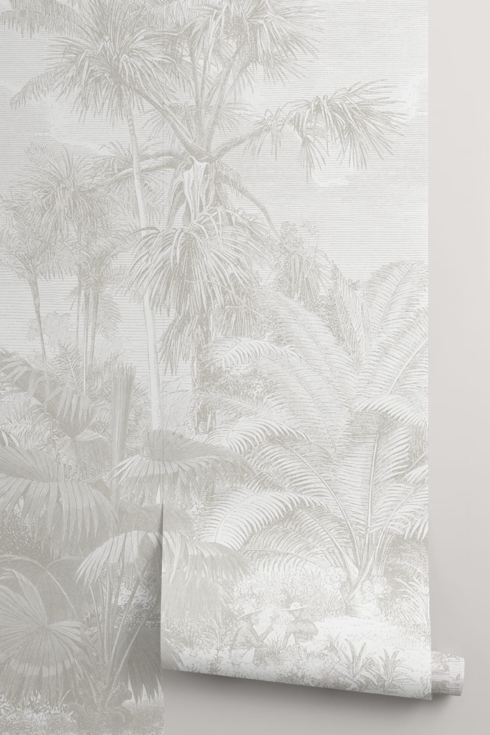 Lacandon Grijze Muurschildering Tropisch Palmbos met Vintage Etsdetail