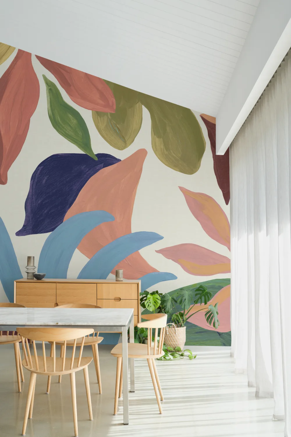 Veelkleurige abstracte areca-muurschildering met pasteluitstraling